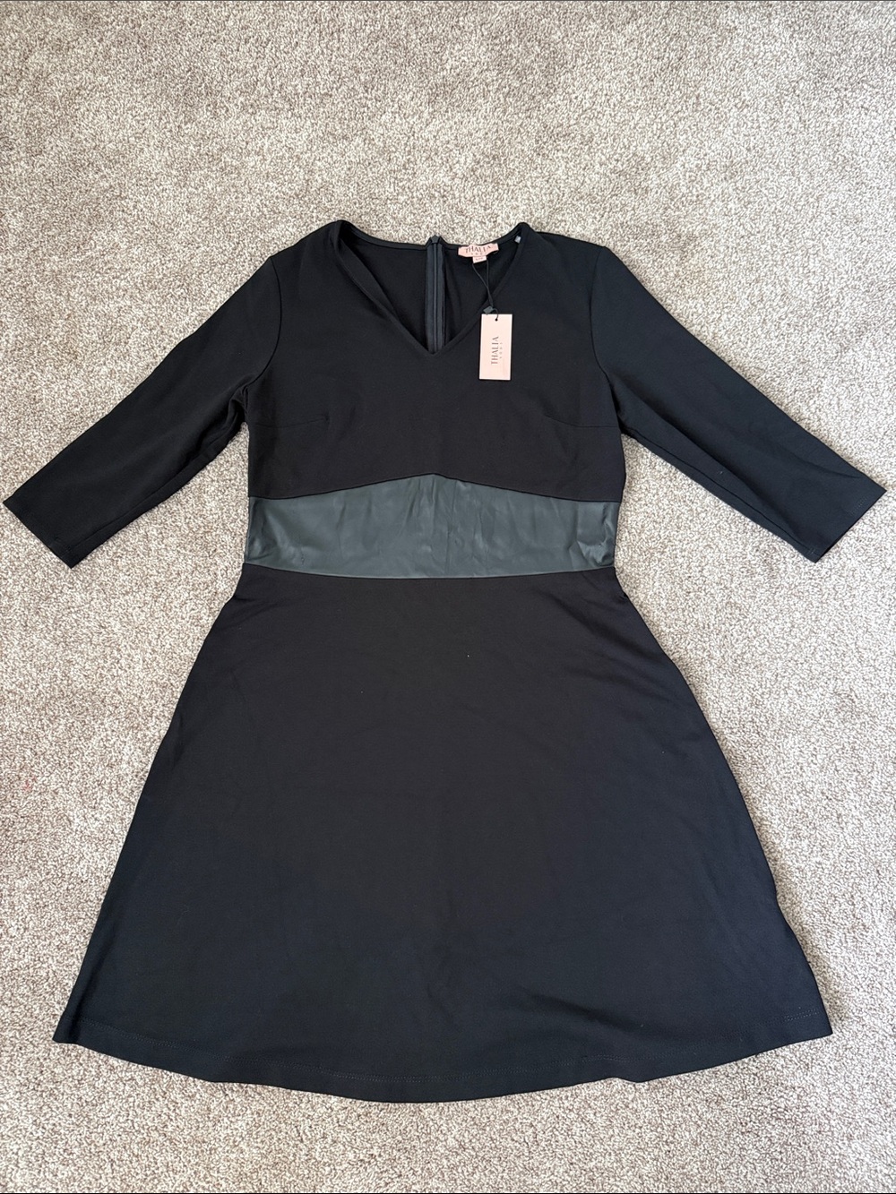Thalia Sodi Black V-Neck 3/4 Sleeve Dress with Faux Leather Waist